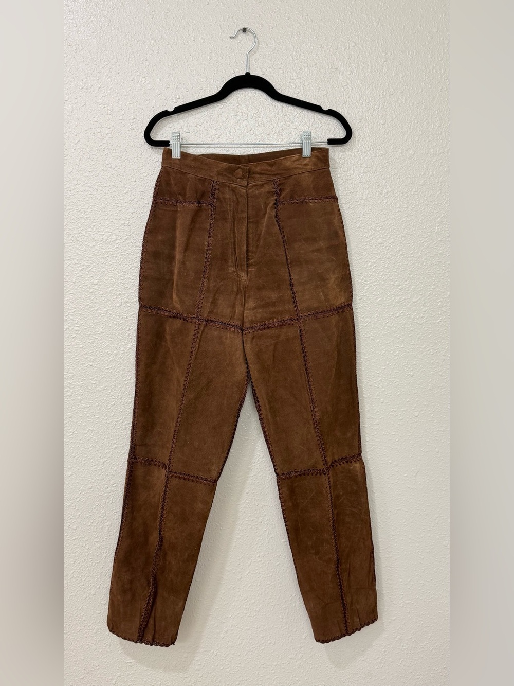 Vintage Chocolate Brown Suede Leather Patchwork Pants High Rise Boho Western S